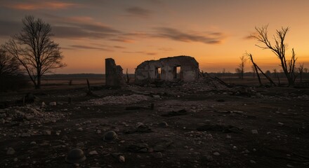 Abandoned ruins of burned house at sunset. Desolate landscape after wildfire or disaster. Concept of destruction, loss, and environmental issues. Climate change awareness