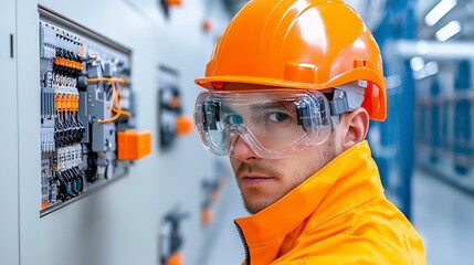 Focused Electrician Inspecting Electrical Panel in Industrial Setting