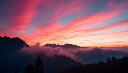 Obraz premium Vibrant Pink Sunset over Majestic Mountain Peaks Cloudscape Nature Photography