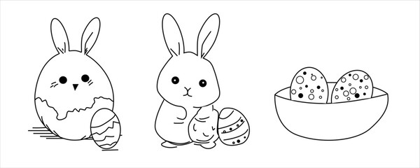 Black and white easter bunny with eggs. Minimalistic easter egg bowl with floral elements. Vector illustration