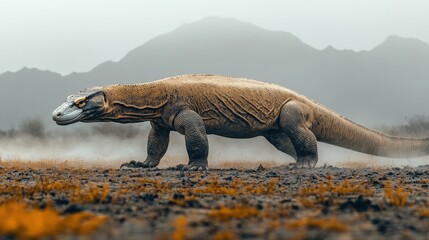 Fototapeta premium Ancient reptile discovery remote mountains wildlife photography foggy environment side view evolutionary insights