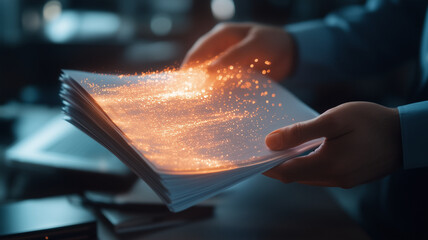 person holding stack of papers with glowing particles, symbolizing digital transformation and innovation in business. scene conveys sense of creativity and progress