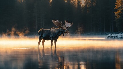 Majestic moose in misty lake wildlife photography early morning serene environment nature's beauty