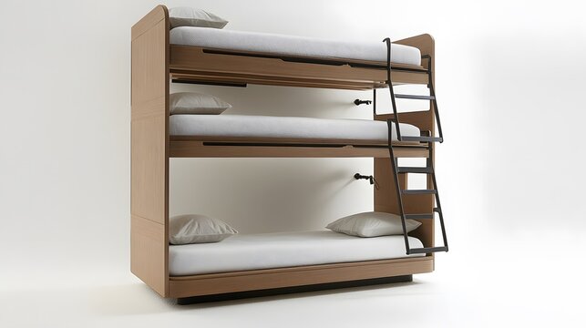Triple bunk bed: A modern triple bunk bed is in the center of image, minimal and comfortable.