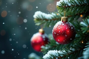 Snowflakes gently fall on Christmas tree branches, snowfall christmas trees ornaments, festive, evergreen