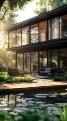 Fototapeta premium A modern house with large windows and a wooden terrace 