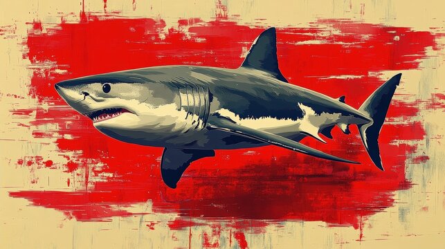 Majestic great white shark red background art