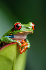 Naklejka premium Captivating Close-Up of a Colorful Red-Eyed Tree Frog Resting on a Leaf in Its Natural Tropical Habitat