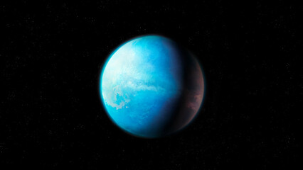 Blue exoplanet with nitrogen atmosphere. Rocky extrasolar planet in space. Sci-fi background.