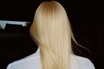 Naklejka premium A serene image of a woman with long blonde hair, viewed from the back, showcasing healthy, flowing locks against a dark background, emphasizing beauty and elegance