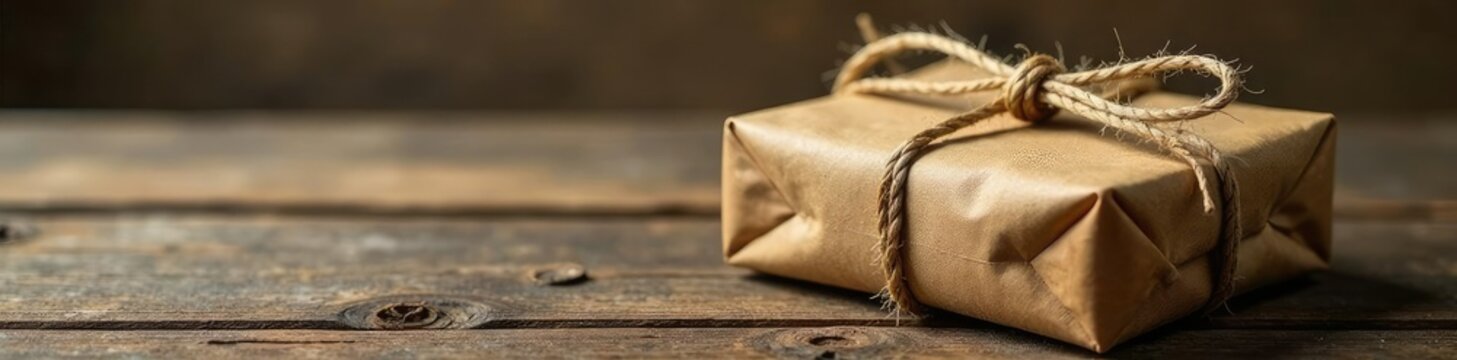 Twine wrapped wooden package on a rustic table, natural wood, package