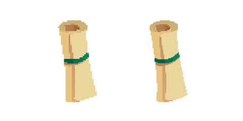 Two rolled paper scrolls with green bands, presented in a simple pixel art style.