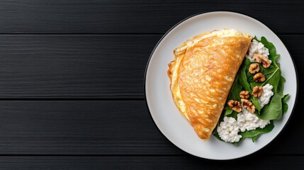 Delicious omelette with spinach cottage cheese and walnuts on a white plate