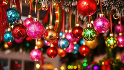 Colorful Christmas ornaments hanging from the ceiling, Christmas ornaments, twinkling