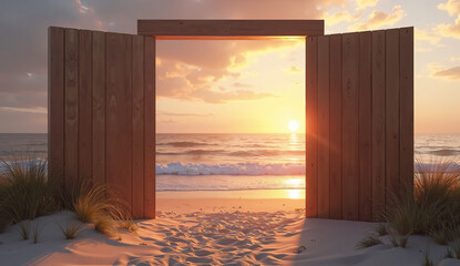 Serene Coastal Scene with an Open Gate Leading to the Ocean at Sunset – Ideal for Advertisements and Business Promotions