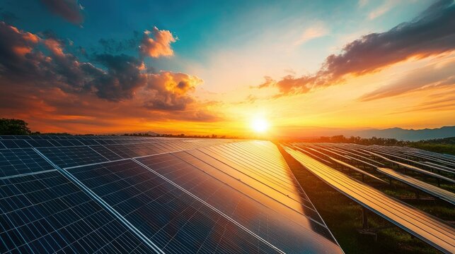 A futuristic solar farm glowing under a vibrant sky, promoting the benefits of alternative energy sources.