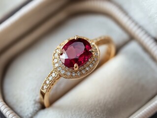Elegant gold ring with red gem and diamond accents in luxurious box