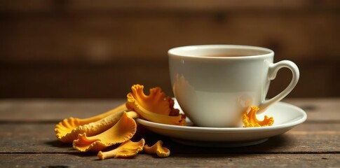 Fototapeta premium Dried cordyceps militaris mushroom with cup and wooden background, cups, nature