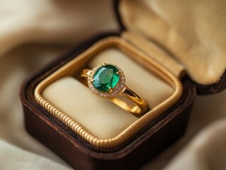Elegant green gemstone ring in luxurious velvet jewelry box setting