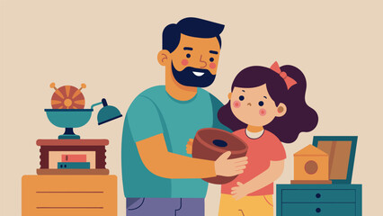 A father and daughter bonding over their shared love for collecting antiques at a flea market.. Vector illustration