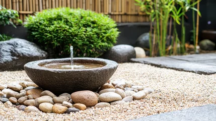 Fototapete Beruhigend A serene stone water fountain surrounded by smooth pebbles, set in a tranquil garden landscape with lush greenery and bamboo.  © iNCuteCraffic