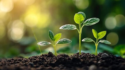 Young plants with green leaves in fertile soil, representing growth and vitality