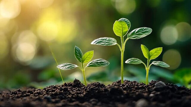 Young plants with green leaves in fertile soil, representing growth and vitality