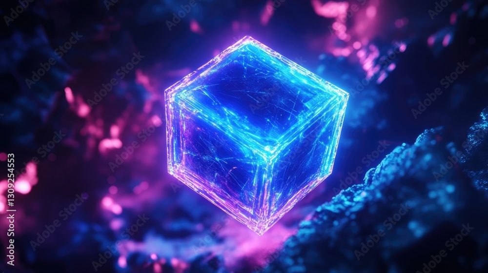 Poster a high-tech abstract visualization of a digital cube network in neon blue, floating in a futuristic 