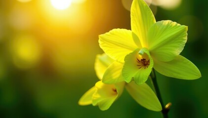 Green dendrobium orchid blossoms against a warm sunlit background, garden, flowers, sunlight