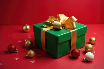 Obraz premium Green gift box adorned with golden ribbon and festive ornaments on a red Christmas background, gift wrapping, holiday items