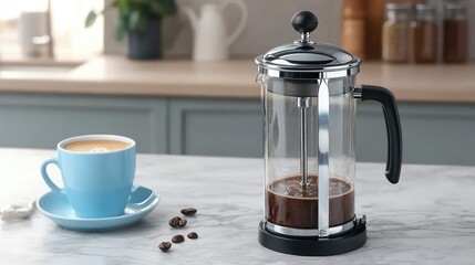 A steaming cup of freshly brewed coffee sits beside an elegant French press, all displayed on a beautiful marble countertop within a warm and inviting kitchen atmosphere