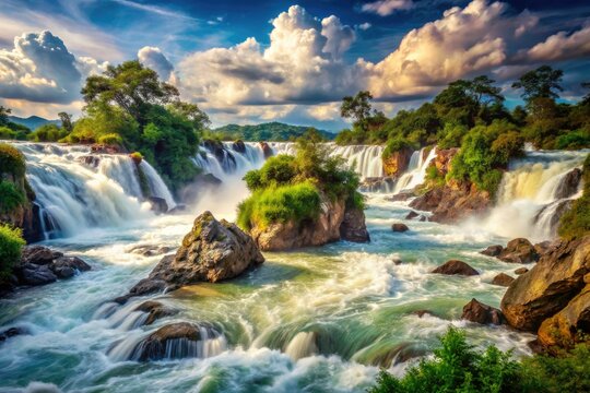 Explore Khone Falls in Laos, macro lens captures the 4000 Islands' waterfall beauty.