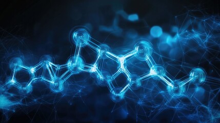 A high-tech pharmaceutical abstract background with a glowing blue molecular network and digital waves.