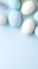 Elegant pastel Easter eggs in blue and white tones arranged on a soft background for a minimalist holiday design. Ideal for branding, social media, and digital content. Selective focus