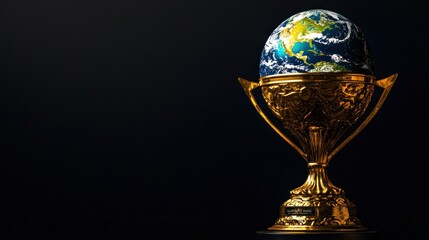 Global achievement trophy, dark background, environmental concept, award