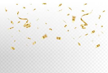 Gold confetti and ribbon streamers falling on a transparent background. blurred. Vector.flying. abstract ,shape gold.  eps 10	
