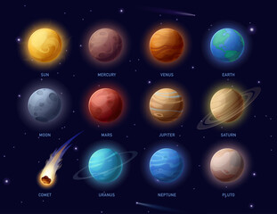 Solar system planets. Vector icons set of planets with Sun, Moon, Mercury, Venus, Earth, Mars, Jupiter, Saturn, Uranus, Neptune, Pluto, Comet. Astronomy and space learning for education. Galaxy space © MaryDesy