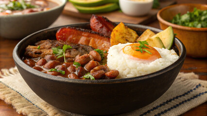 delicious bowl of bandeja paisa featuring beans, meat, rice, and plantains, garnished with fresh herbs
