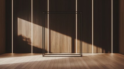 Large black frame against a dark wooden wall in a modern room with warm natural light. Light wooden floor and soft shadows emphasize minimalist elegance and sophistication.
