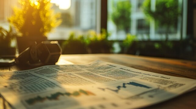 Investment newsprint in sharp focus, visible grain of the paper, bold headlines about stock fluctuations, warm natural lighting, professional tone 