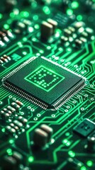 Green circuit board closeup; microchip; technology; data processing; digital future