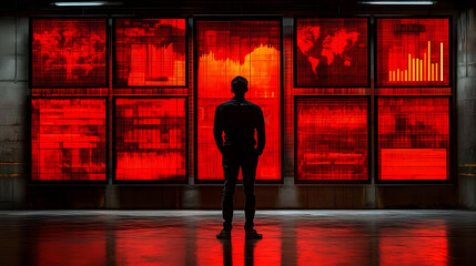 Silhouetted figure analyzing critical data on multiple red screens in a dark, high-tech control room.