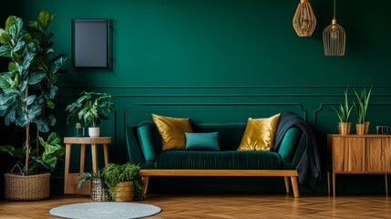 Green wall living room velvet couch gold pillows AI generated