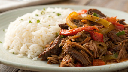 Delicious plate of ropa vieja with shredded beef, peppers, and rice. comforting and flavorful dish perfect for any meal