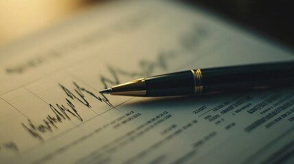 Macro shot of a financial document with a rising bar chart, sleek pen resting on paper, soft lighting, professional investment atmosphere