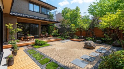 Obraz premium Japanese Garden Design with Gravel Patio and Stone Path