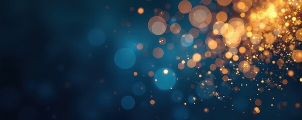 Abstract golden glitter overlay, dark blue bokeh backdrop, blue, overlay