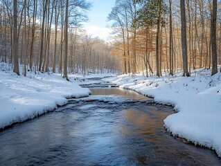 Snowy stream flowing through winter forest.
