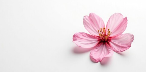 Single cherry blossom petal on white background, isolated, monochrome, botanical