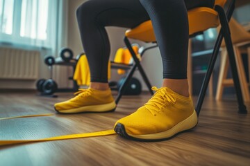A Person in Yellow Sneakers Preparing for a Workout in a Home Gym, Highlighting Fitness Equipment and Active Lifestyle Choices.